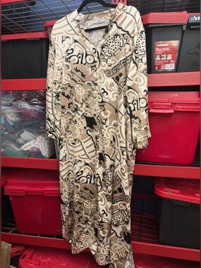 Vintage Natori Beige & Black Abstract Print Silky Zip Up Maxi Gown Robe Large